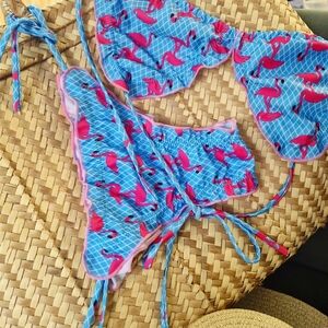 Blue and Pink Ruffled  Flamingo Bikini Set Size Small